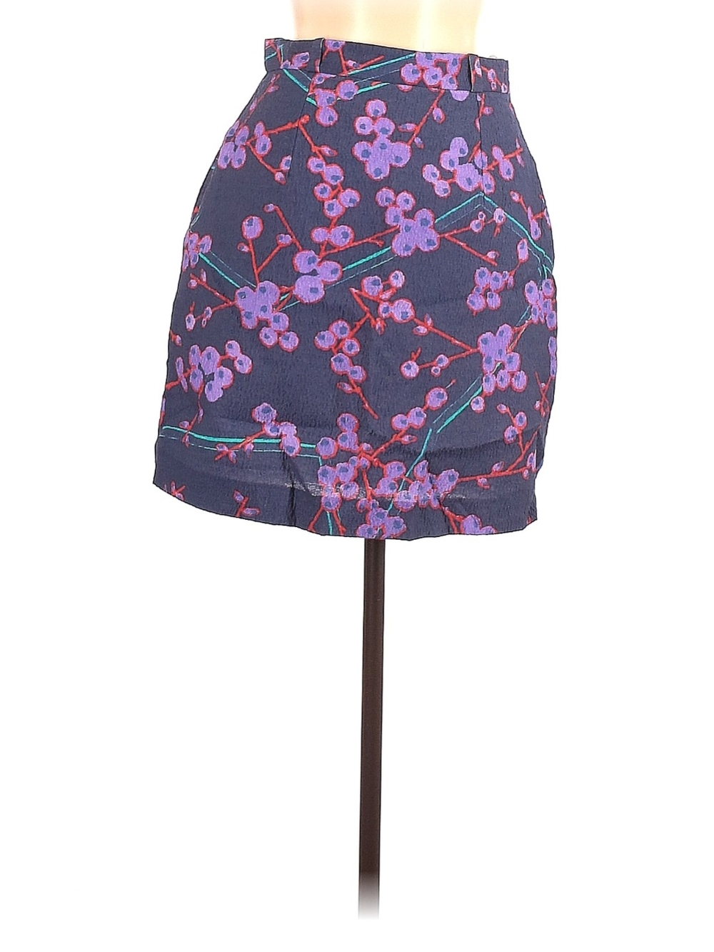 Carven Navy Mini Skirt with Purple Floral and Red Branch Accents